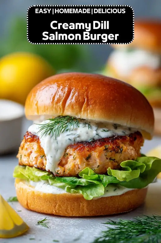 Creamy dill salmon burger with lettuce and herb sauce on a toasted brioche bun