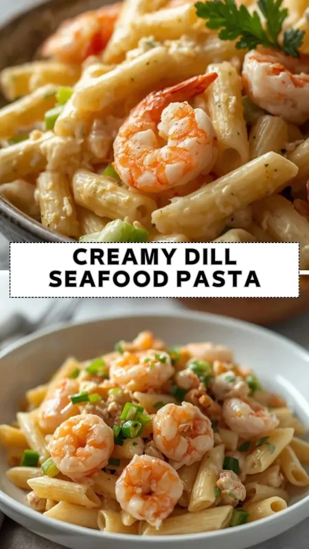 Creamy dill seafood pasta with shrimp, penne pasta, fresh herbs, and rich garlic cream sauce