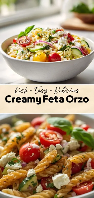 Creamy Feta Orzo Recipe with Fresh Veggies & Herbs Creamy feta orzo pasta with cherry tomatoes, cucumber, red onion, and fresh herbs in a white bowl