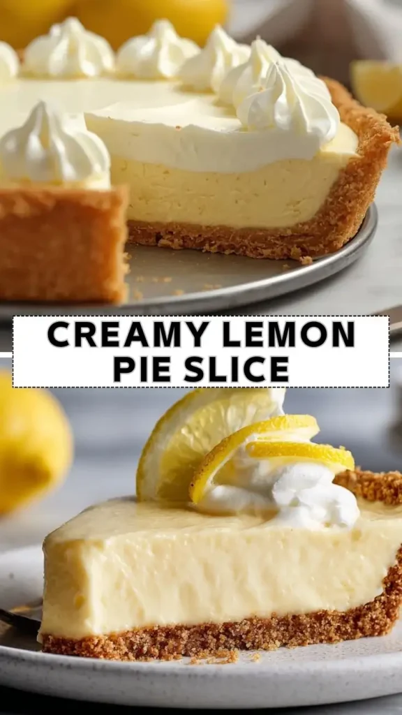 Creamy Lemon Pie Slice for Summer Potluck Desserts Tall collage image featuring a creamy lemon pie slice with whipped cream topping and graham cracker crust on a dessert plate.