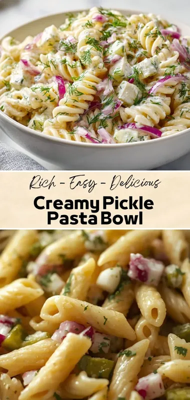 Creamy pickle pasta bowl with rotini pasta, diced pickles, red onions, fresh dill, and creamy dressing
