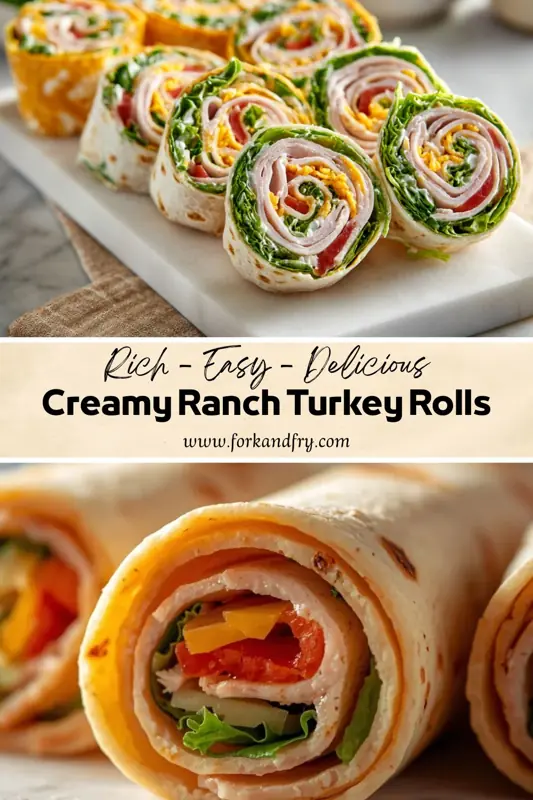 Creamy ranch turkey roll ups with lettuce, cheese, and tomatoes wrapped in tortillas and sliced into bite-sized pinwheels