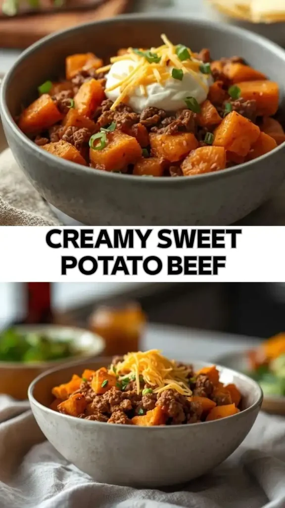 Easy Creamy Sweet Potato Beef Bowl Recipe Creamy sweet potato beef bowl with seasoned ground beef, roasted sweet potatoes, cheese, and sour cream