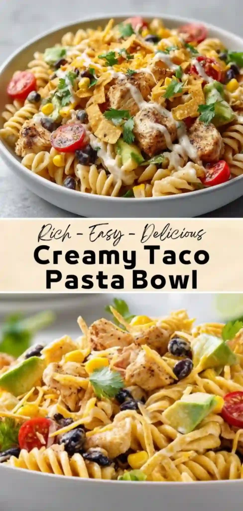 Creamy taco pasta bowl with grilled chicken, avocado, black beans, cherry tomatoes, corn, and tortilla strips