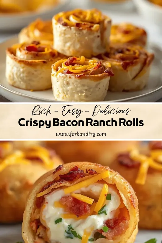 Crispy bacon ranch rolls filled with creamy ranch, cheddar cheese, and bacon baked into golden pinwheels