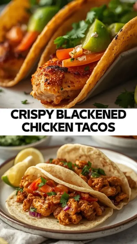 Crispy blackened chicken tacos topped with tomatoes, cilantro, and lime