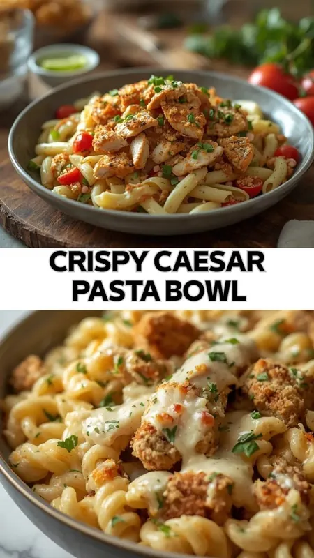 Crispy Caesar pasta bowl with creamy sauce, seasoned chicken, and rotini pasta