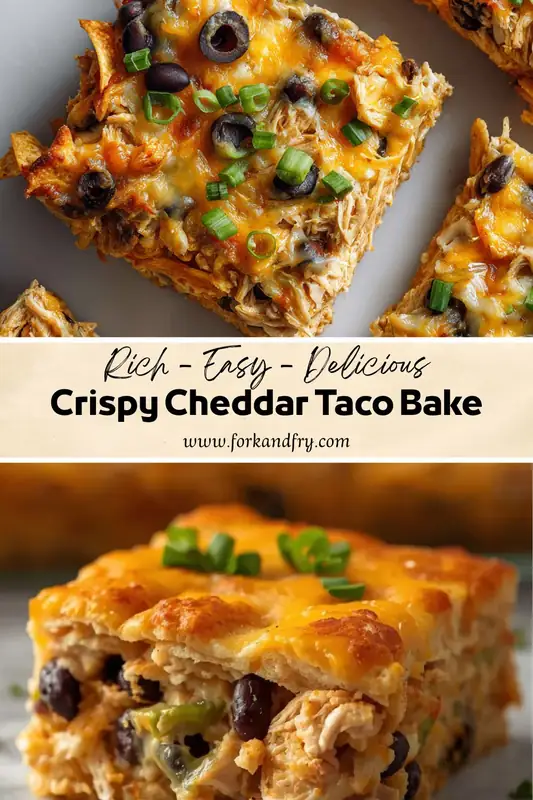 Crispy cheddar taco bake topped with melted cheese, black olives, green onions, and shredded chicken