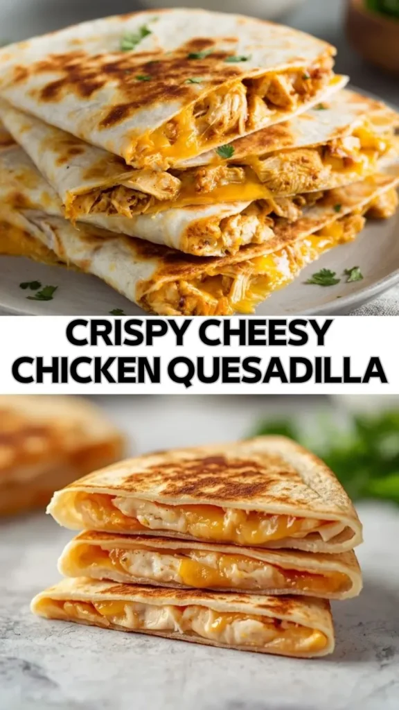 crispy cheesy chicken quesadilla with melted cheese in toasted tortilla slices
