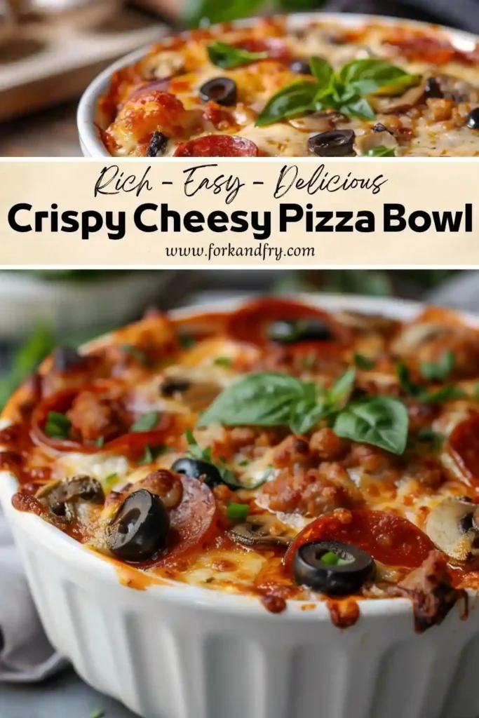Crispy Cheesy Pizza Bowl Recipe Crispy cheesy pizza bowl with pepperoni, sausage, olives, mushrooms, and melted mozzarella cheese