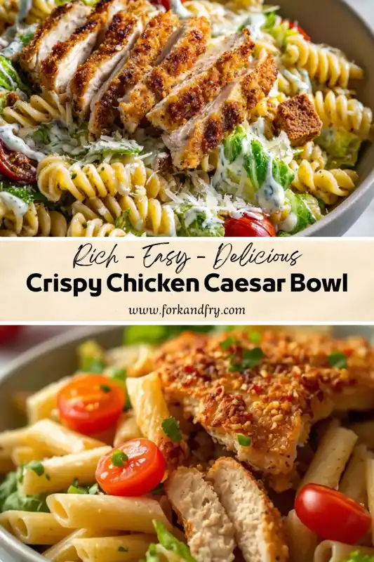Crispy Chicken Caesar Bowl – Easy Pasta Salad Recipe Crispy chicken Caesar bowl with rotini pasta, romaine lettuce, parmesan cheese, cherry tomatoes, and creamy Caesar dressing