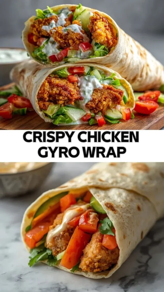 crispy chicken gyro wrap with lettuce, cucumber, tomatoes, and creamy sauce in soft flatbread
