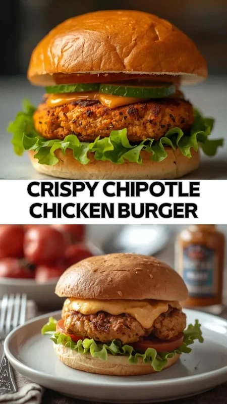 Crispy Chipotle Chicken Burger with Spicy Creamy Sauce Crispy chipotle chicken burger with spicy sauce, lettuce, tomato, and toasted brioche bun