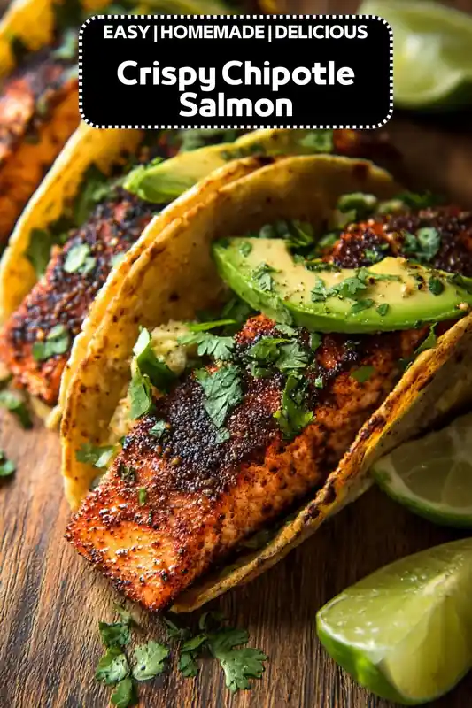 Crispy Chipotle Salmon Tacos Recipe – Easy Homemade Dinner Crispy chipotle salmon tacos topped with avocado, cilantro, and lime wedges on a wooden table