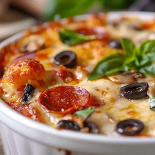 Crustless pizza bowl with melted cheese, pepperoni, olives, mushrooms, and fresh basil