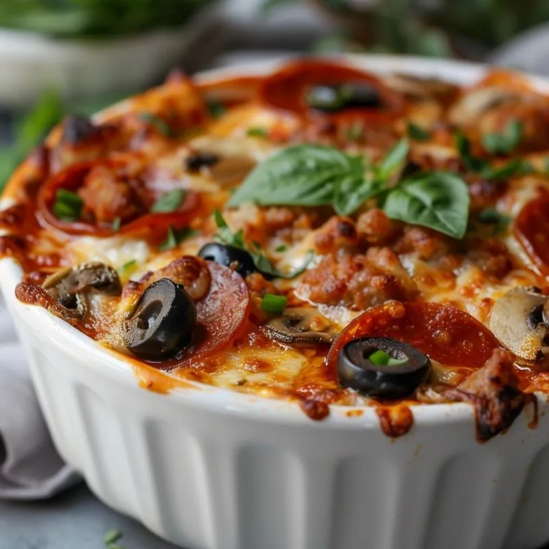 Loaded Crustless Pizza Bowl Crustless pizza casserole with pepperoni, sausage, olives, mushrooms, melted cheese, and basil