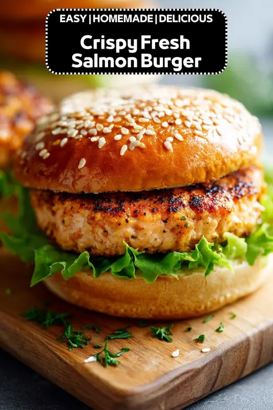Crispy Fresh Salmon Burger Recipe for Easy Seafood Meals Crispy fresh salmon burger with lettuce on a toasted sesame brioche bun
