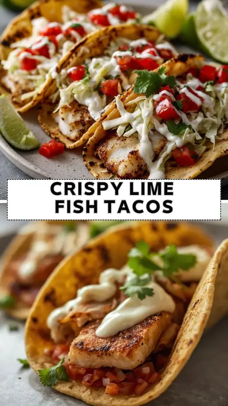 Crispy Lime Fish Tacos Recipe – Fresh, Zesty & Easy Dinner Idea Crispy lime fish tacos topped with shredded cabbage, fresh pico de gallo, creamy sauce, and cilantro in grilled tortillas