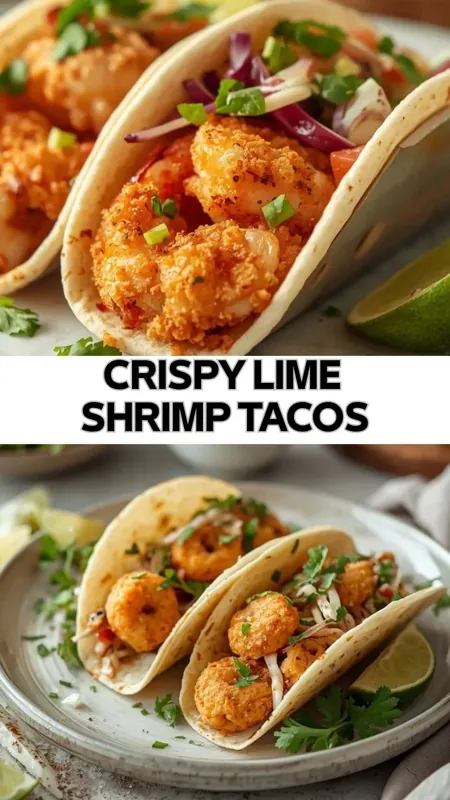 Crispy lime shrimp tacos topped with red cabbage, fresh cilantro, and lime wedges in soft tortillas