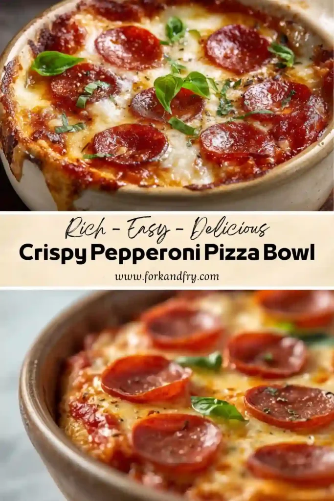 Crispy pepperoni pizza bowl with melted cheese, marinara sauce, and fresh basil baked until golden