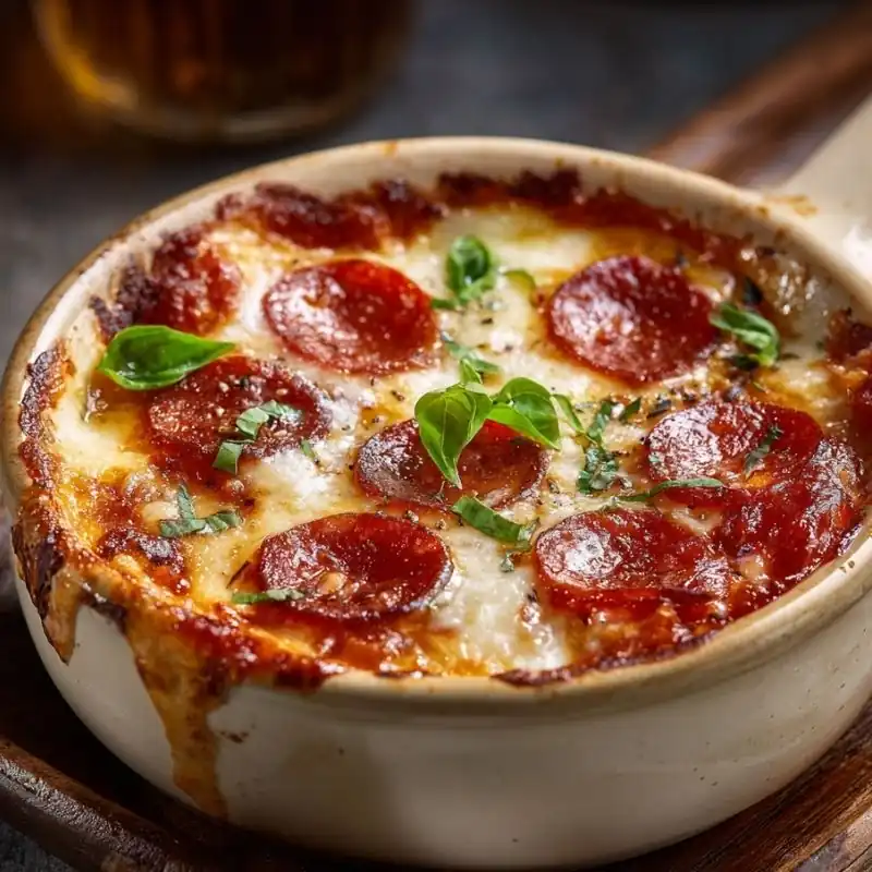 Crispy pepperoni pizza bowl with bubbling cheese, baked marinara sauce, and fresh basil garnish