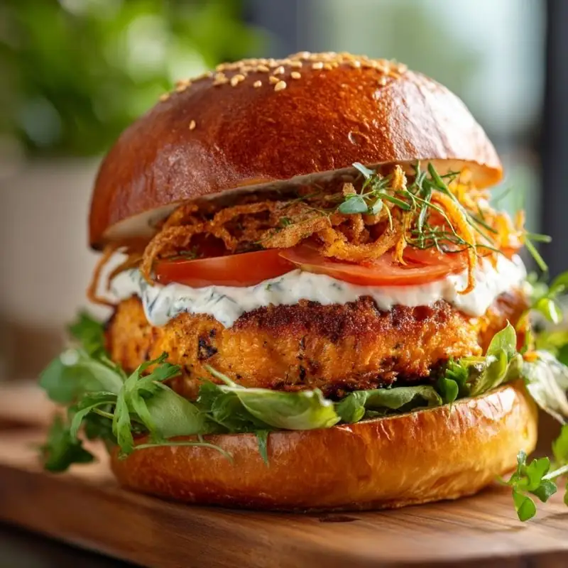 Crispy salmon burger with creamy sauce, tomato, greens, and toasted brioche bun