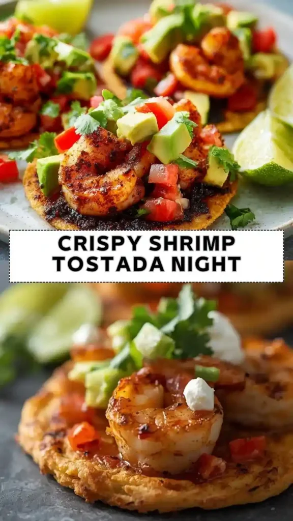 Crispy shrimp tostadas topped with avocado, diced tomatoes, cilantro, and lime on crunchy tostada shells
