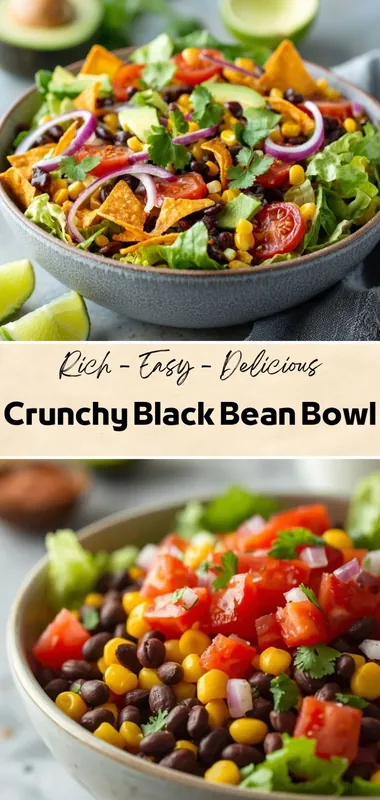 Crunchy Black Bean Bowl Recipe – Healthy Mexican-Inspired Salad Crunchy black bean bowl with corn, avocado, cherry tomatoes, tortilla chips, red onion, and fresh cilantro