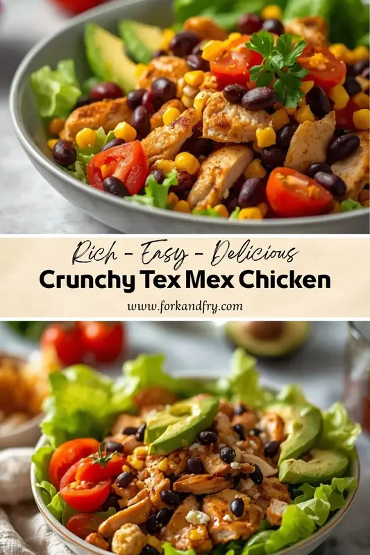 Crunchy Tex Mex chicken salad with black beans, avocado, corn, cherry tomatoes, and grilled chicken in a fresh lettuce bowl