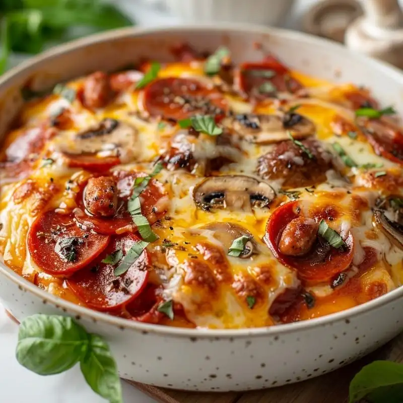 Cheesy Crustless Pizza Bowl Recipe Crustless pizza bowl with pepperoni, sausage, mushrooms, melted cheese, and fresh basil