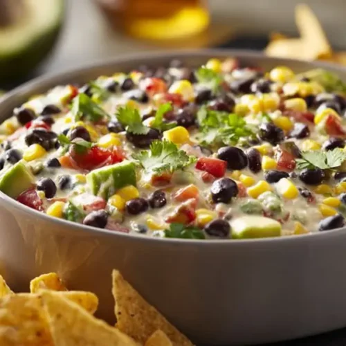 Creamy avocado black bean dip with corn, tomatoes, cilantro, and tortilla chips
