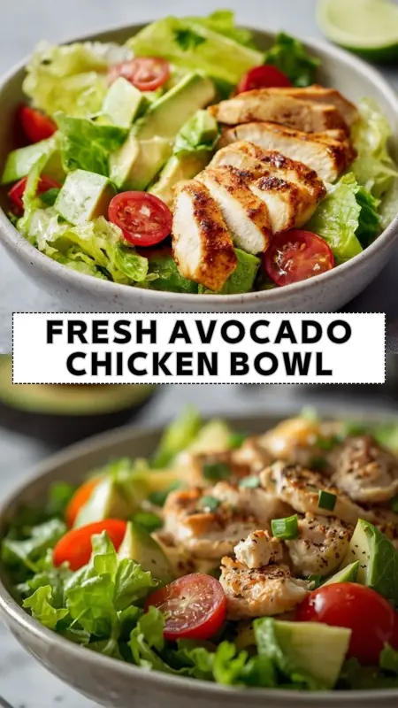 Fresh avocado chicken bowl with grilled chicken, romaine lettuce, cherry tomatoes, and avocado chunks in a healthy salad bowl