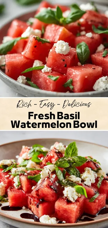 Fresh basil watermelon bowl with juicy watermelon cubes, basil leaves, feta cheese, and balsamic glaze