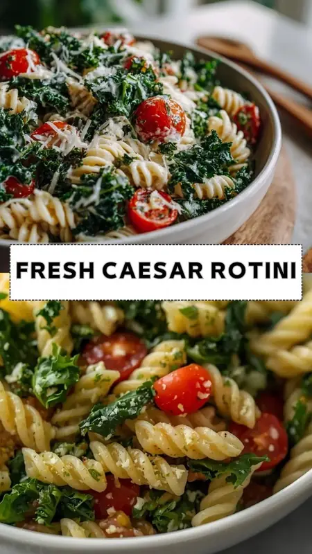 Fresh Caesar rotini pasta salad with kale, cherry tomatoes, parmesan cheese, and creamy dressing