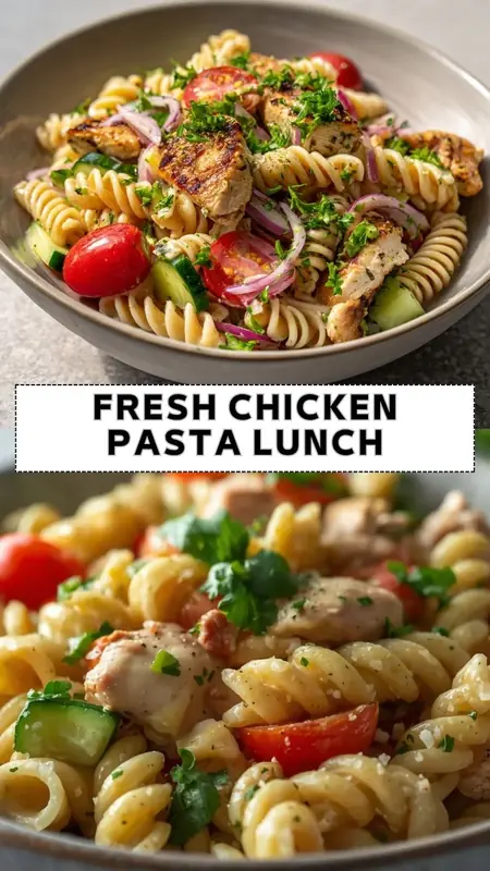 Fresh chicken pasta lunch with rotini, grilled chicken, cherry tomatoes, cucumber, and parsley