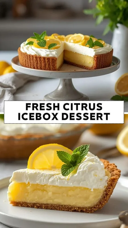 Fresh citrus icebox dessert with creamy lemon filling, whipped topping, and graham cracker crust