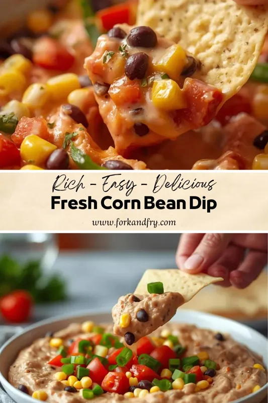 Fresh Corn Bean Dip Recipe for Easy Party Appetizers Creamy fresh corn bean dip topped with tomatoes, black beans, corn, and green onions served with tortilla chips