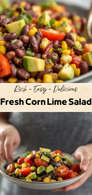 Fresh corn lime salad with black beans, avocado, cherry tomatoes, and cilantro in a colorful healthy salad bowl