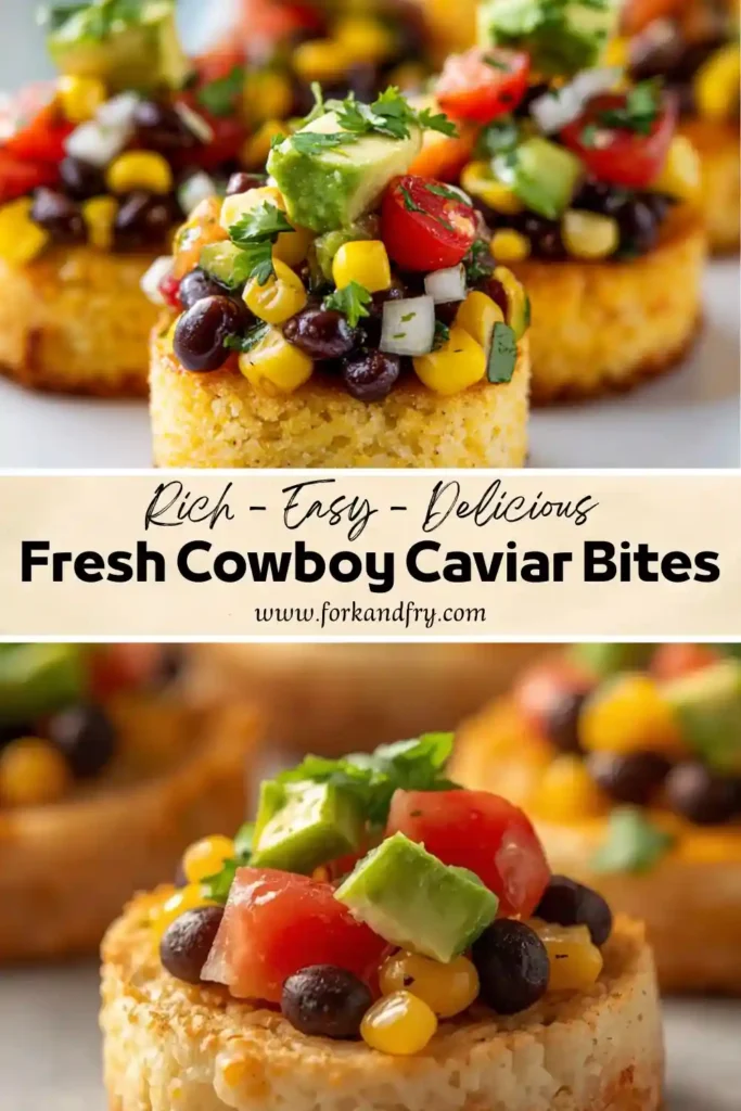 Fresh Cowboy Caviar Bites with Avocado and Corn Cowboy caviar bites topped with black beans, corn, avocado, tomatoes, onion, and fresh herbs on crispy cornbread rounds