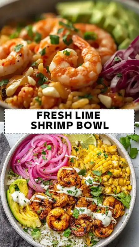 Fresh Lime Shrimp Bowl ā Easy Healthy Shrimp Rice Bowl Fresh lime shrimp bowl with grilled shrimp, rice, avocado, pickled onions, grilled corn, and creamy sauce