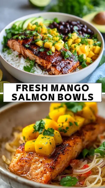 Fresh mango salmon bowl with glazed salmon, white rice, avocado, black beans, and diced mango topped with cilantro