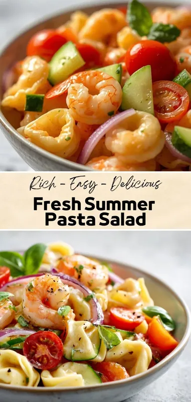Fresh summer pasta salad with shrimp, tortellini, cherry tomatoes, cucumber, basil, and red onion in a light dressing