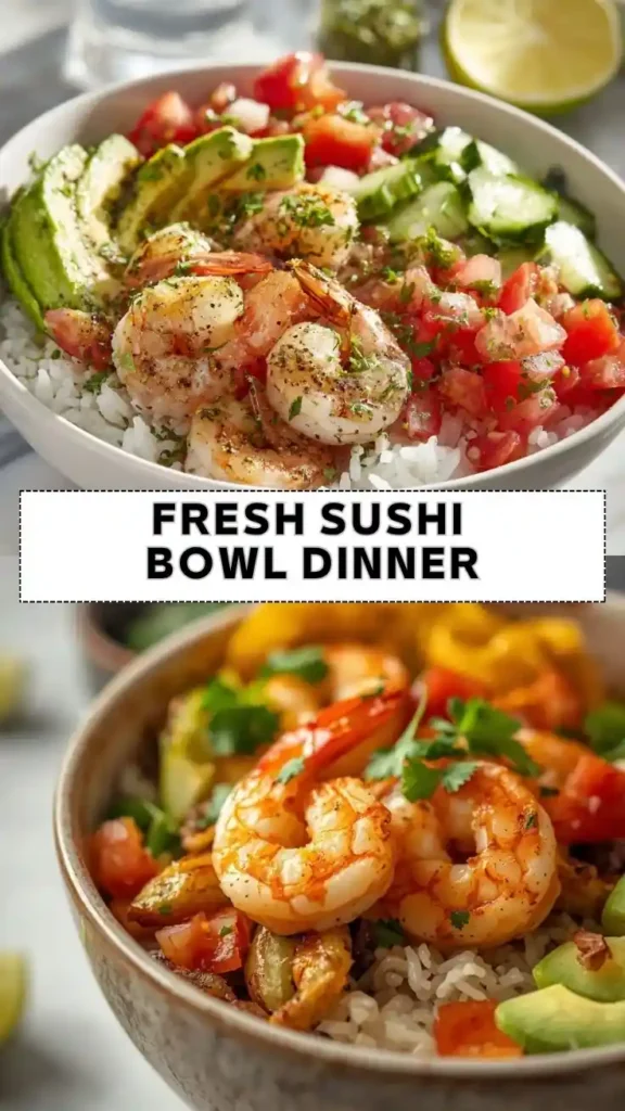 Fresh Shrimp Sushi Bowl Dinner with Avocado and Rice Shrimp sushi bowl with rice, avocado, cucumber, fresh tomato salsa, and lime in a colorful seafood dinner bowl