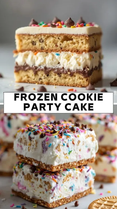 Frozen Cookie Party Cake – Easy No Bake Ice Cream Dessert Frozen cookie party cake bars layered with creamy filling, chocolate chips, and rainbow sprinkles