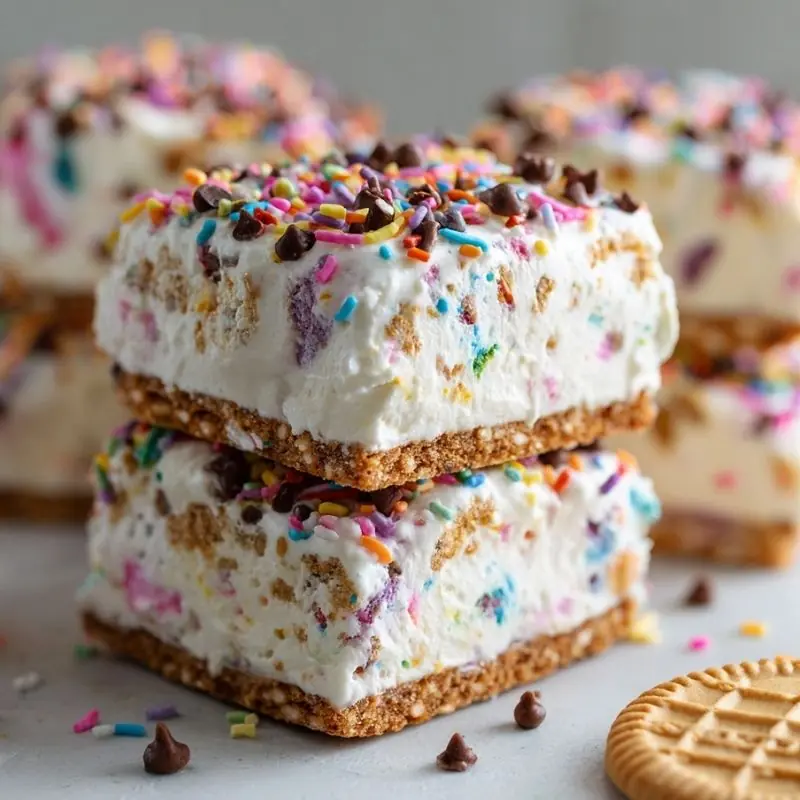 Frozen Funfetti Ice Cream Bars – Easy No Bake Party Dessert Frozen funfetti ice cream bars topped with rainbow sprinkles and chocolate chips on a cookie crust
