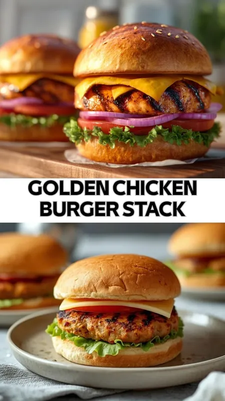 Golden Chicken Burger Stack Recipe with Grilled Chicken and Cheese Golden chicken burger stack with grilled chicken patty, melted cheese, lettuce, tomato, and red onion on a toasted sesame bun