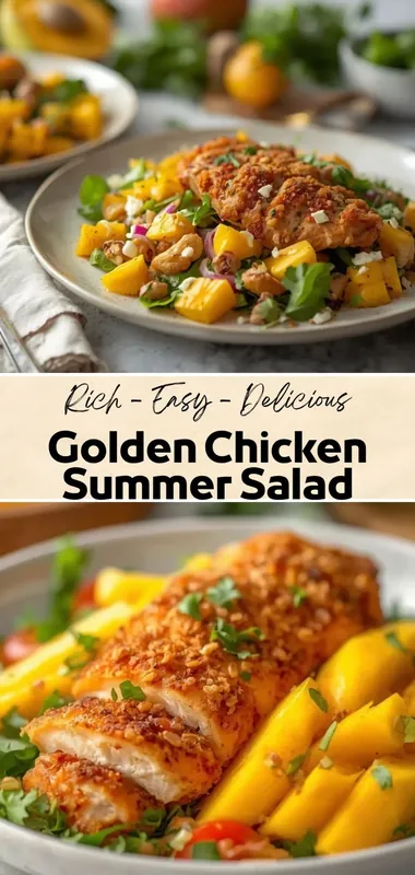 Crispy golden chicken salad with fresh greens, mango slices, herbs, and summer vegetables in a rustic bowl