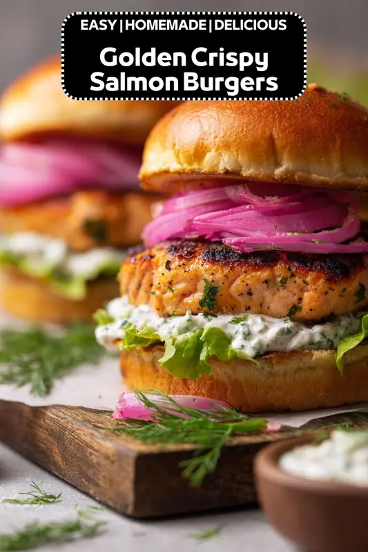 Golden crispy salmon burgers topped with pickled red onions, creamy herb sauce, and lettuce on toasted buns