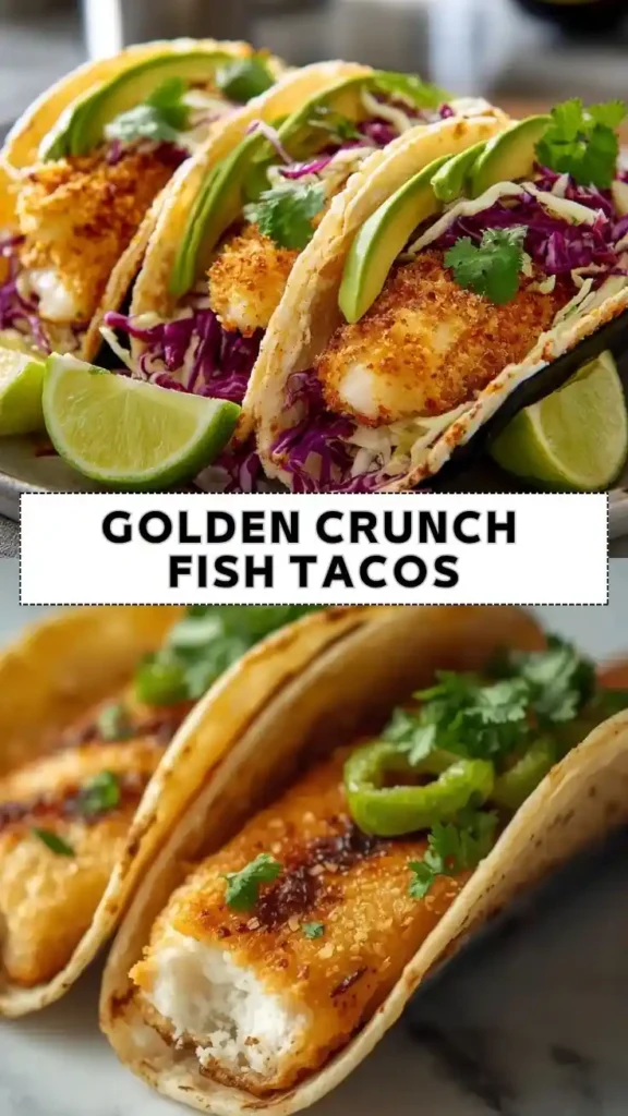 Golden Crunch Fish Tacos with Avocado and Lime Crispy golden fish tacos topped with avocado, purple cabbage slaw, cilantro, and fresh lime wedges