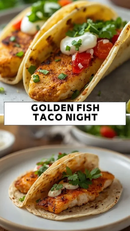 Golden Fish Taco Night – Easy Crispy Fish Taco Recipe Golden fish tacos with grilled white fish, fresh cilantro, sour cream, and diced tomatoes in soft tortillas
